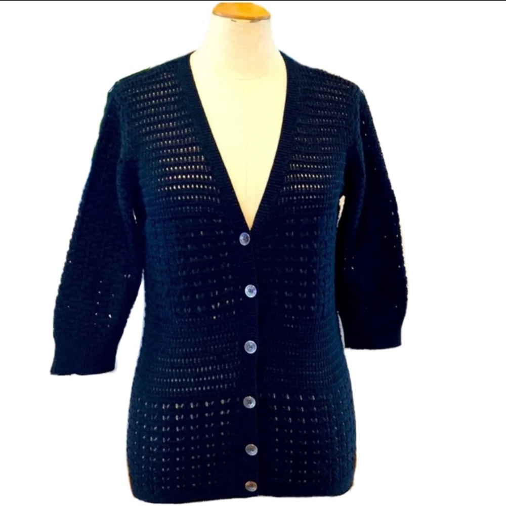 DKNY jeans Black three-quarter sleeve cardigan with silver buttons. Crochet. M